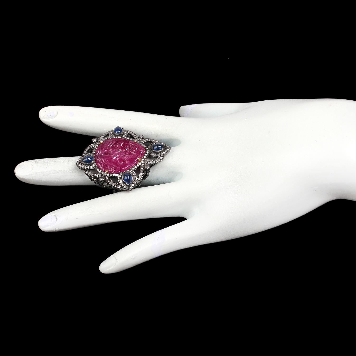 Artisan Hand Carved Ruby Ring with Pave Diamond and Sapphire Set in 18k Gold and Silver