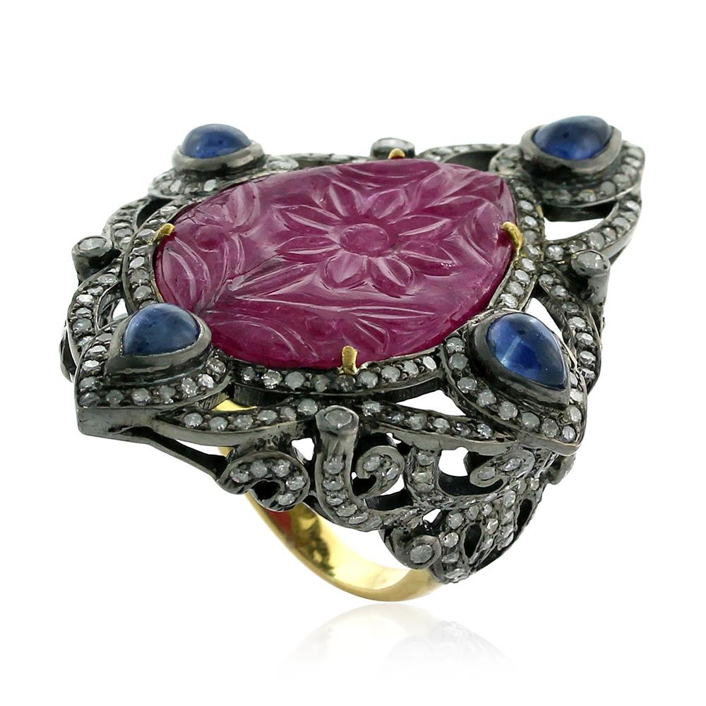 Round Cut Hand Carved Ruby Ring with Pave Diamond and Sapphire Set in 18k Gold and Silver