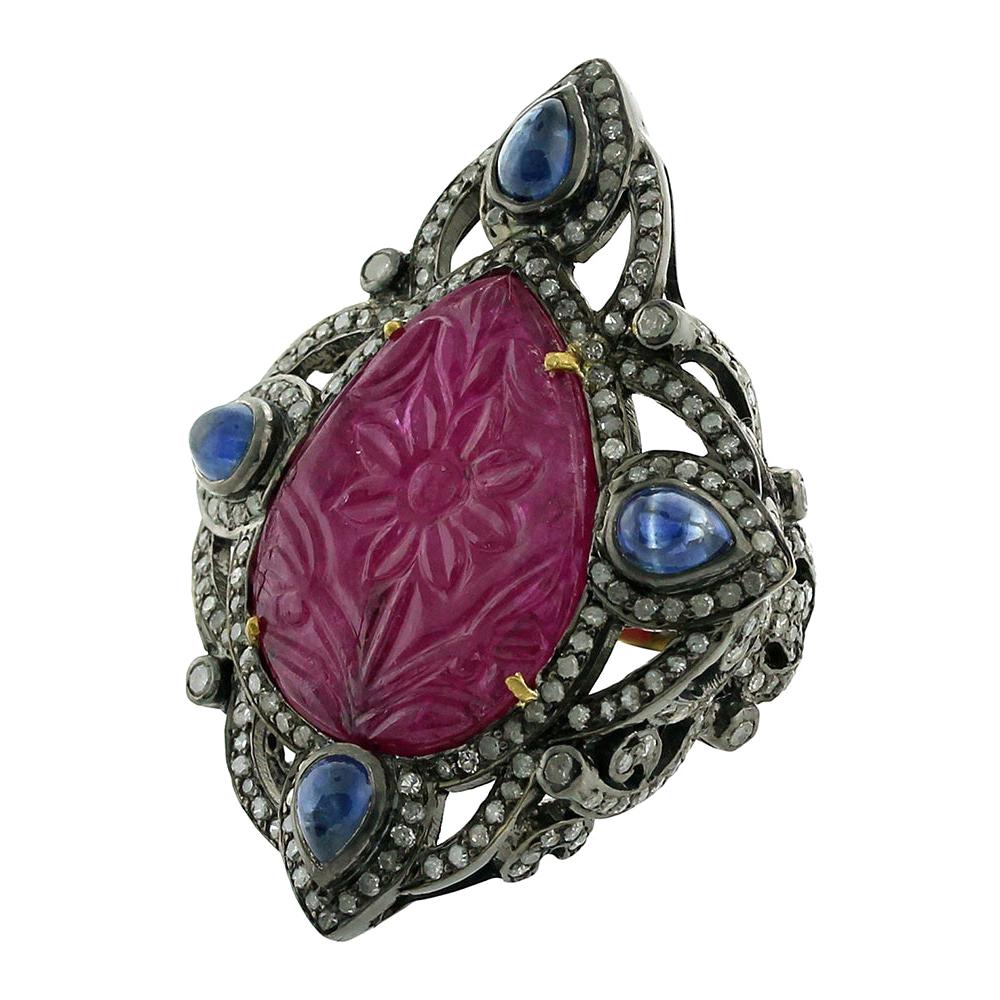 Hand Carved Ruby Ring with Pave Diamond and Sapphire Set in 18k Gold and Silver