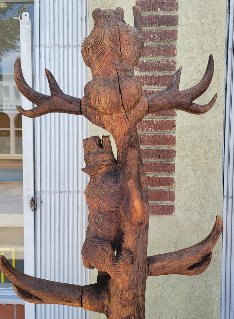 American Hand Carved Rustic Hat and Coat Tree with Hand Carved Bears For Sale