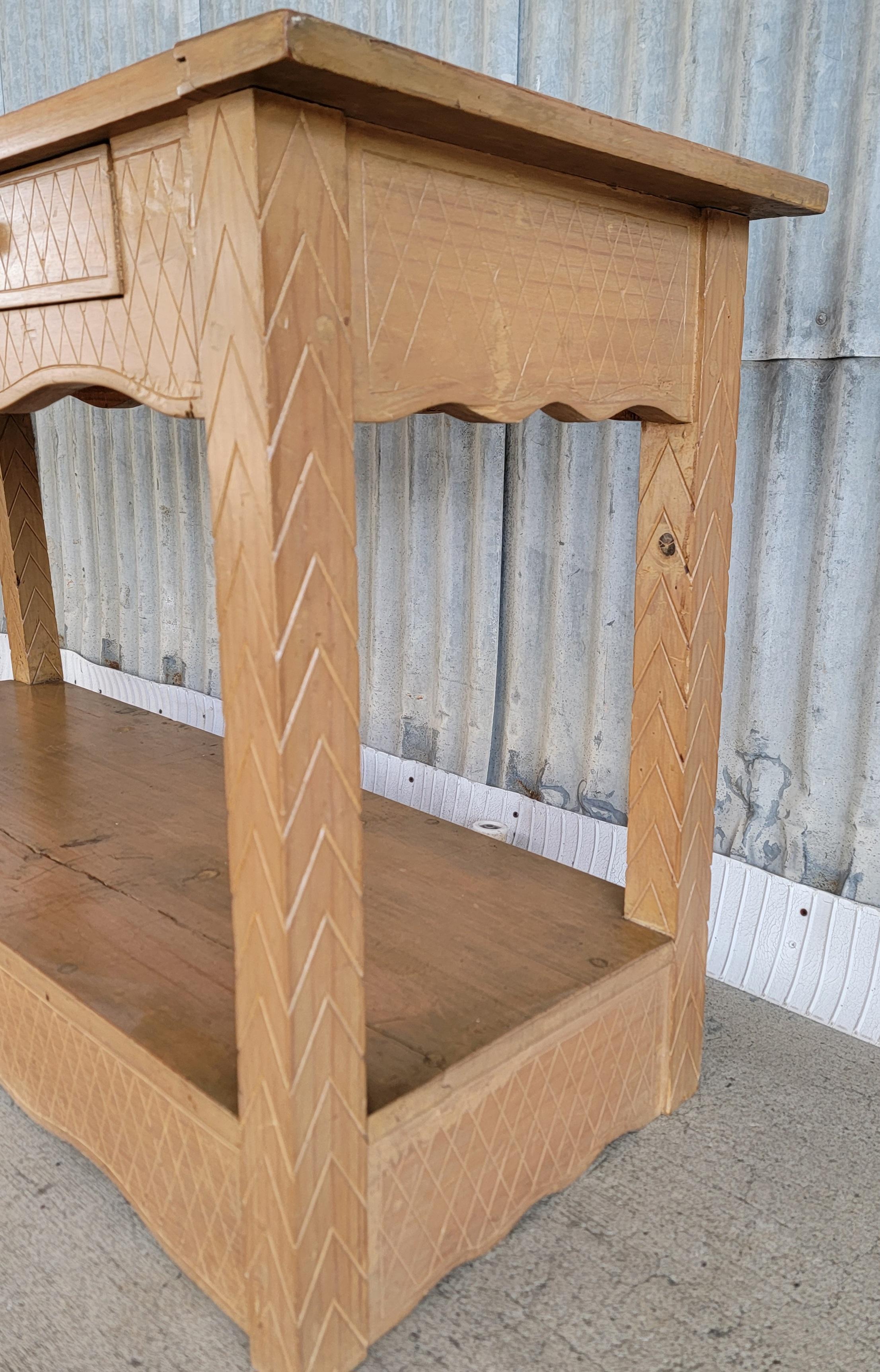 Wood Hand Carved Rustic Rancho Console Table 1940's For Sale