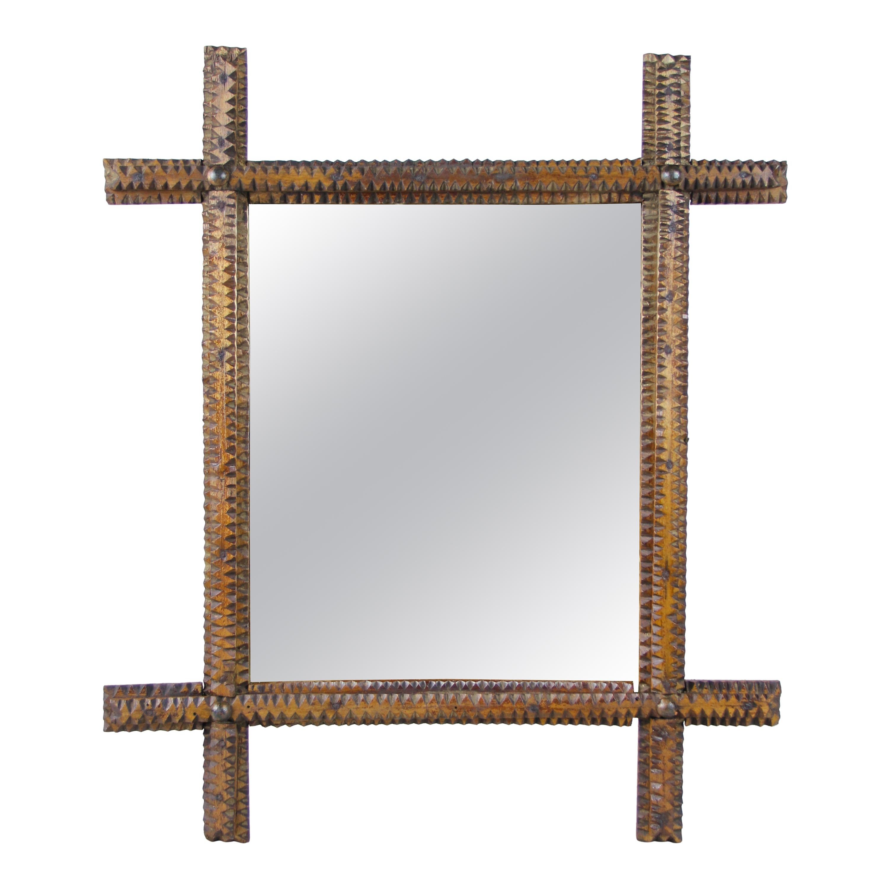 Hand Carved Rustic Wall Mirror Tramp Art New Mirror Glass, Austria, circa 1870 For Sale