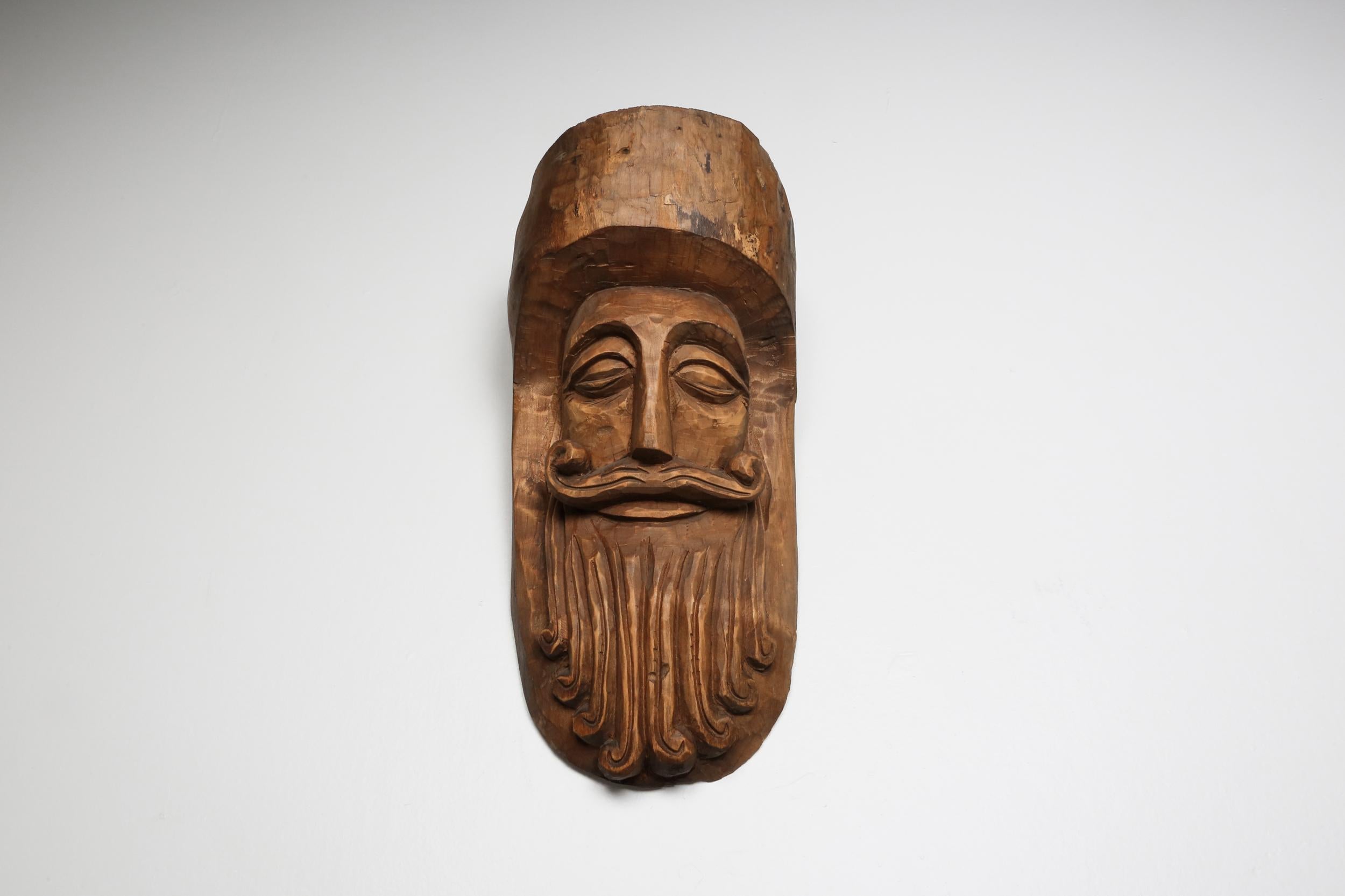 Mid-Century Modern Hand-Carved Rustic Wooden Mask with Soft Expression For Sale