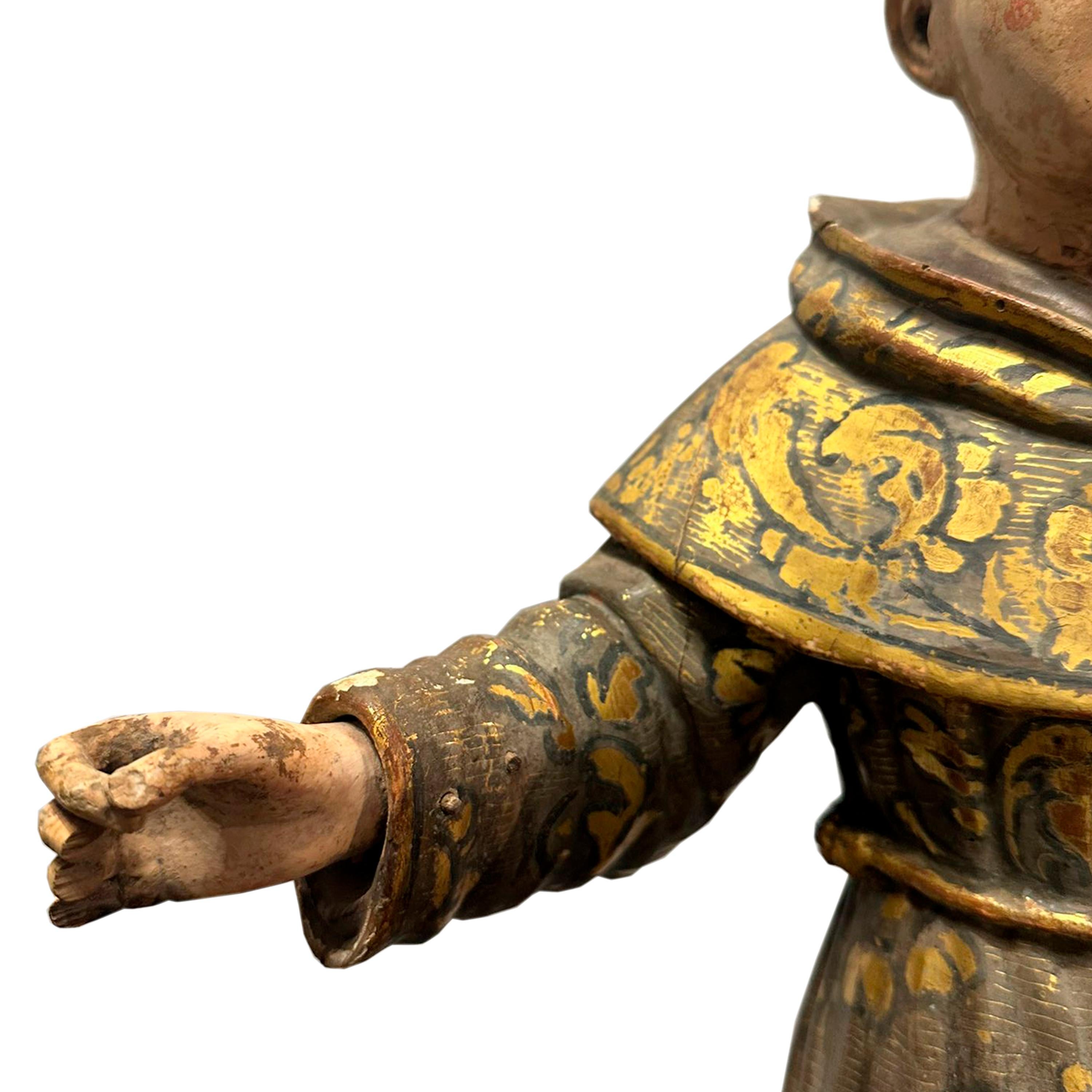 Scultura di San Francesco in legno intagliato a mano e policromo con decorazioni in foglia d'oro. Valladolid, Spagna, XVII secolo. Circa 1650
