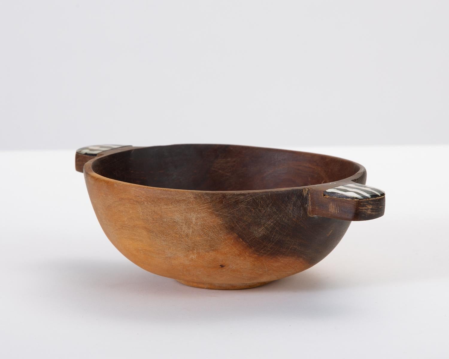 Modern Hand Carved Sandalwood Bowl with Bone Inlay Handles