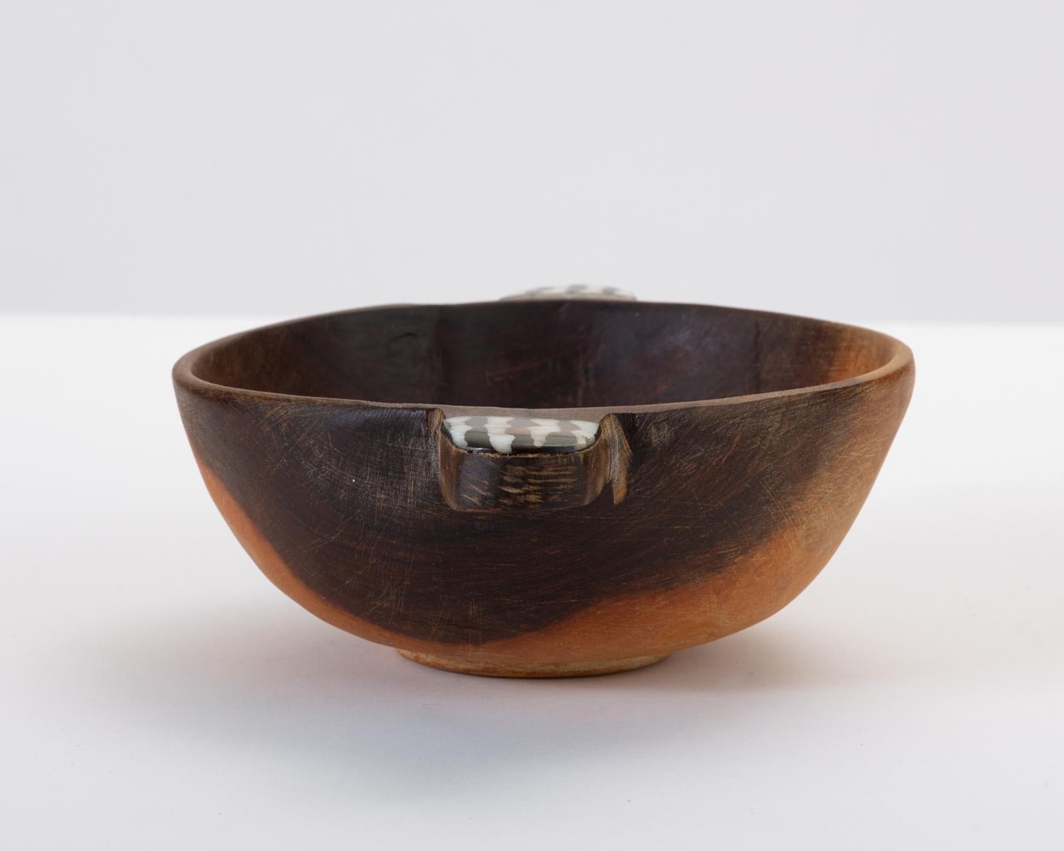 Hand-Carved Hand Carved Sandalwood Bowl with Bone Inlay Handles