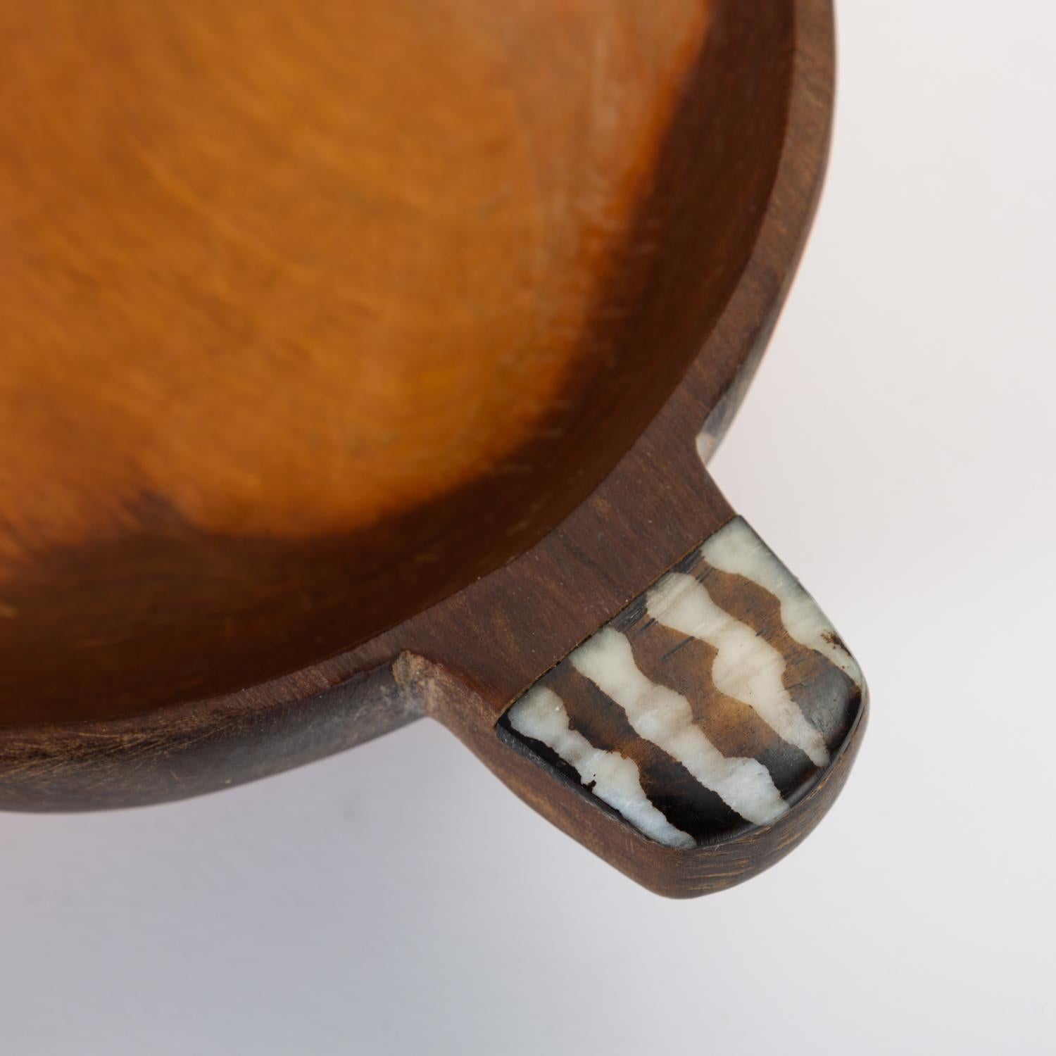 20th Century Hand Carved Sandalwood Bowl with Bone Inlay Handles