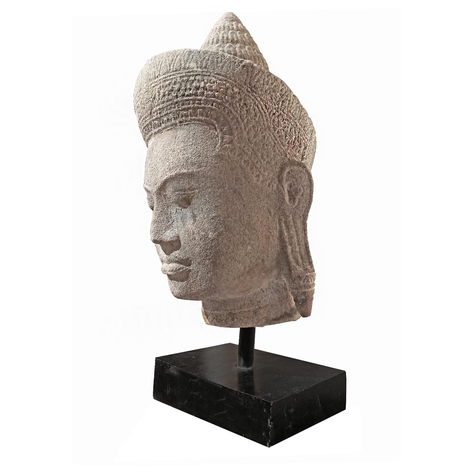 Late 20th Century Hand-Carved Sandstone Buddha Head, from Thailand For Sale