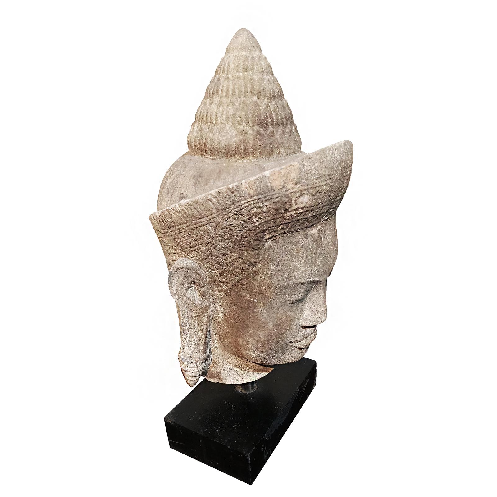 Hand-Carved Sandstone Buddha Head, from Thailand For Sale 1