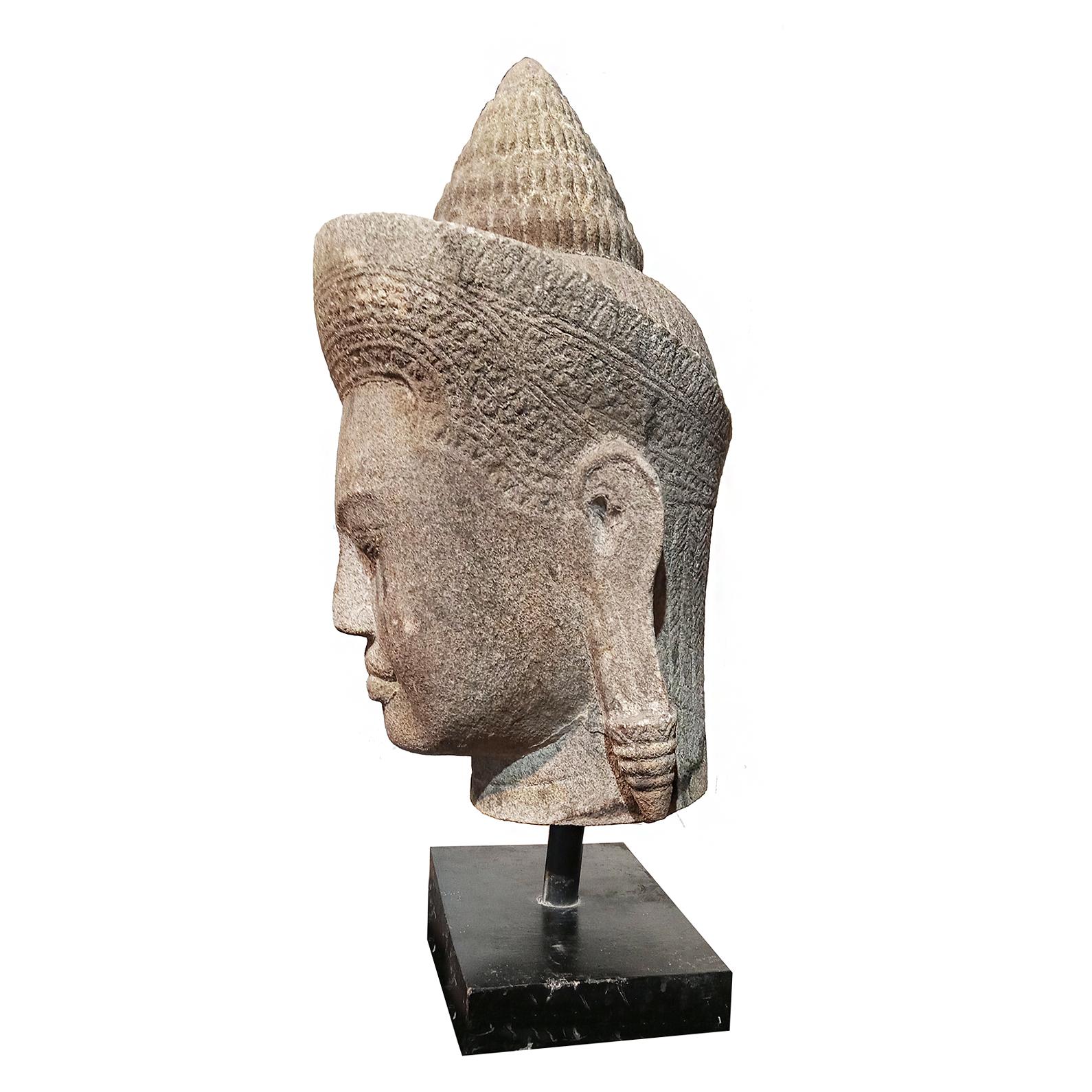Hand-Carved Sandstone Buddha Head, from Thailand For Sale 4