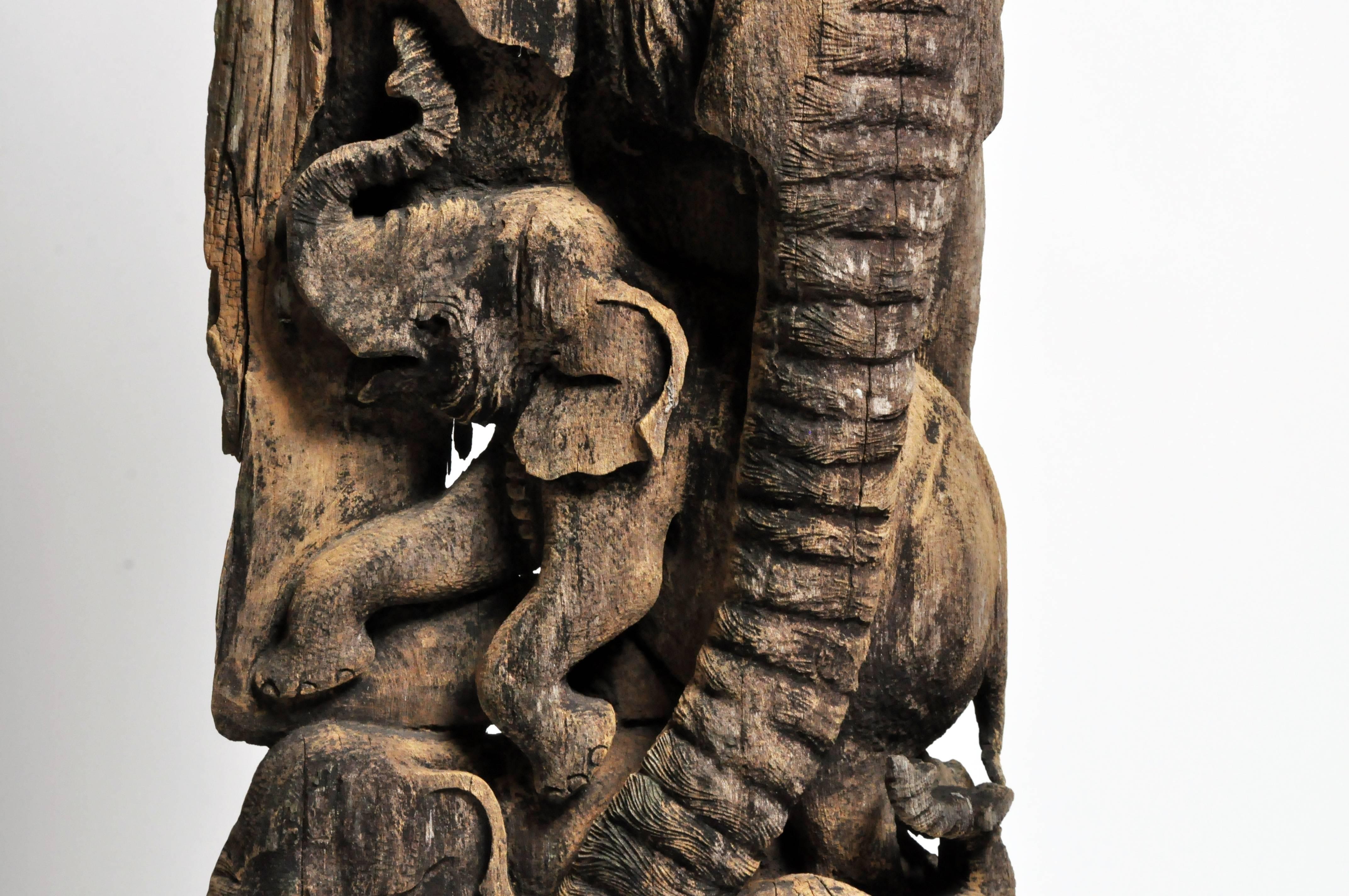 Teak Hand-Carved Scenic Elephant Sculpture