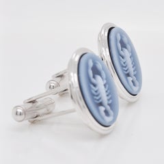 Hand-Carved Scorpio Agate Cameo Zodiac Sterling Silver Cufflinks
