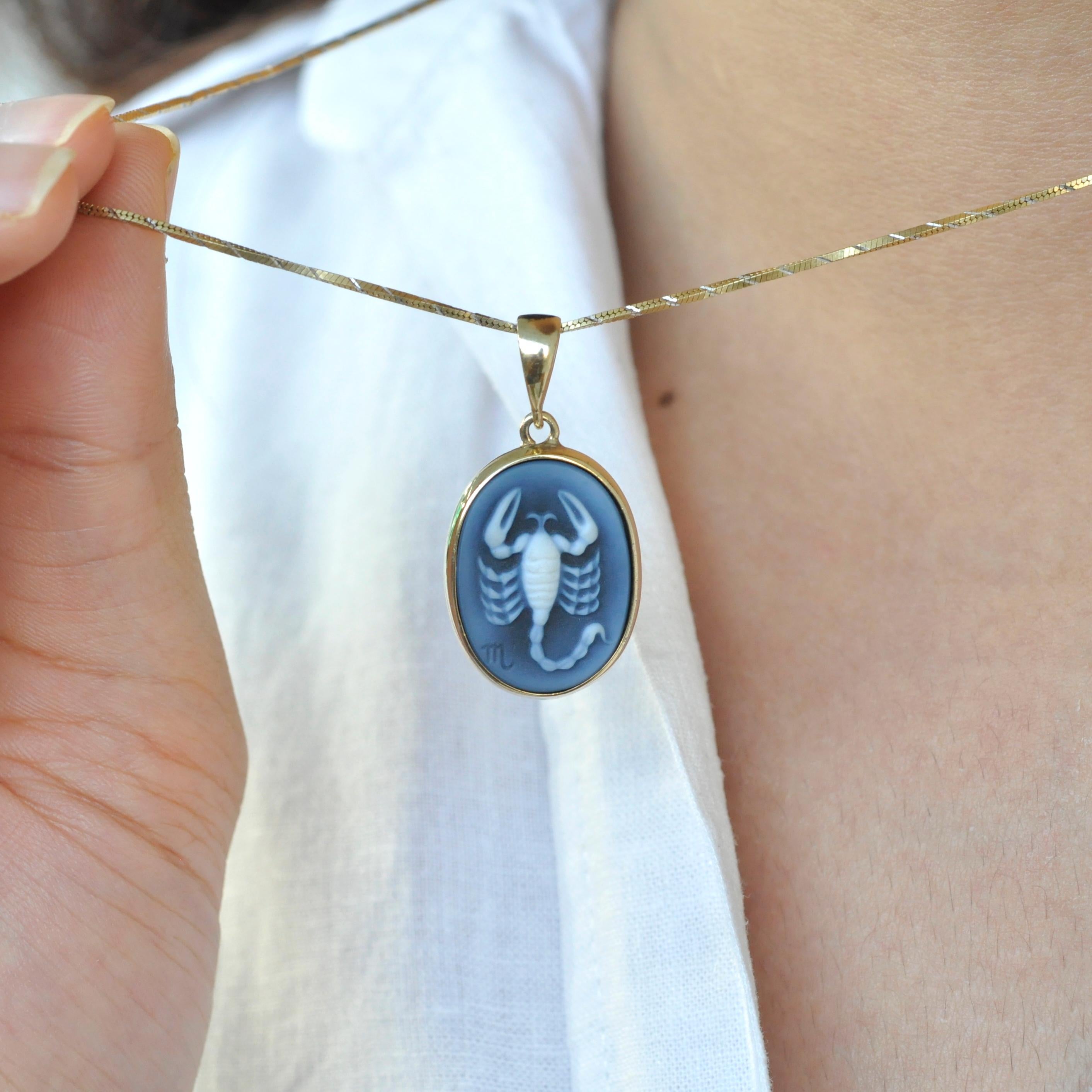 Hand-Carved Scorpio Zodiac Agate Cameo 925 Sterling Silver Pendant Necklace 1