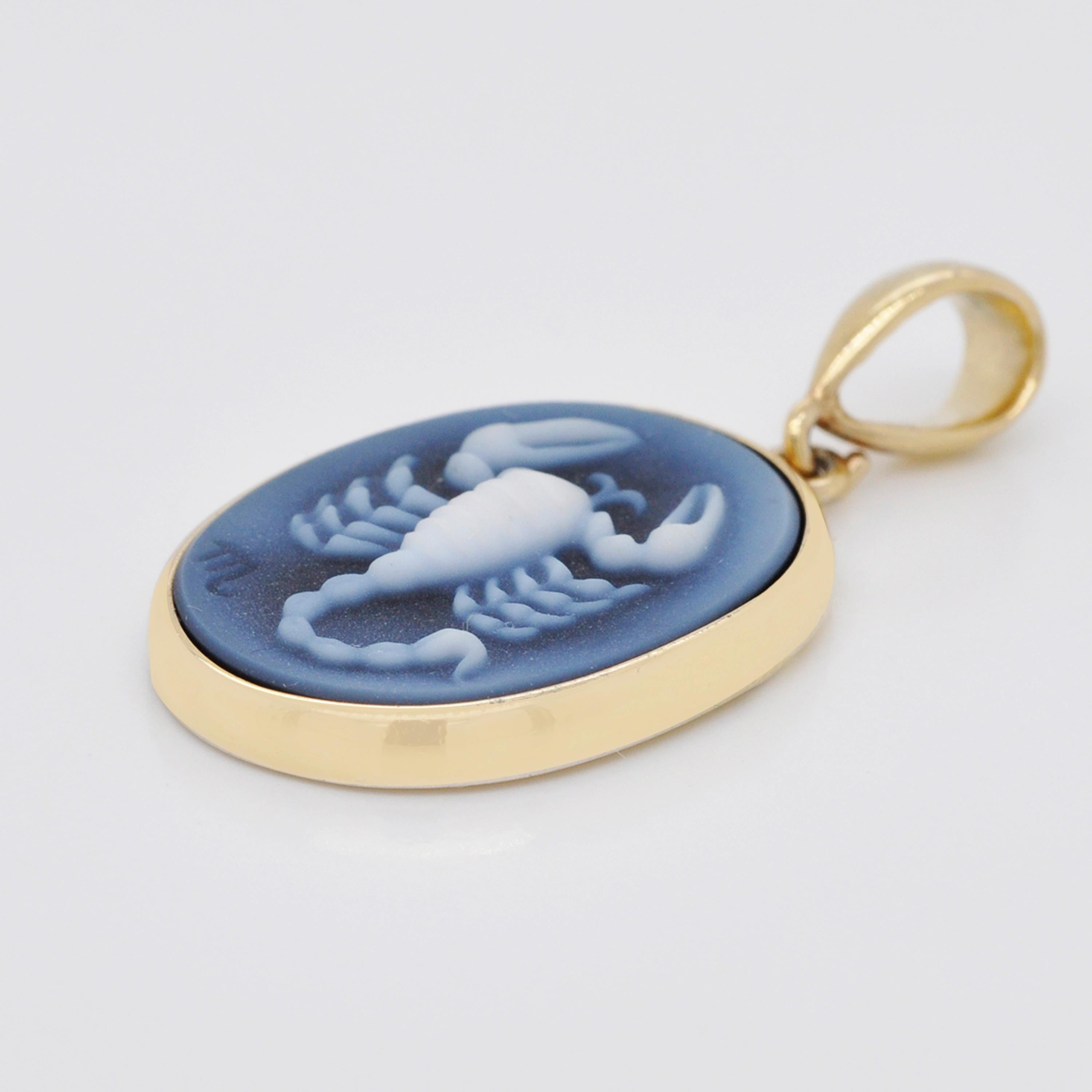 Oval Cut Hand-Carved Scorpio Zodiac Agate Cameo 925 Sterling Silver Pendant Necklace