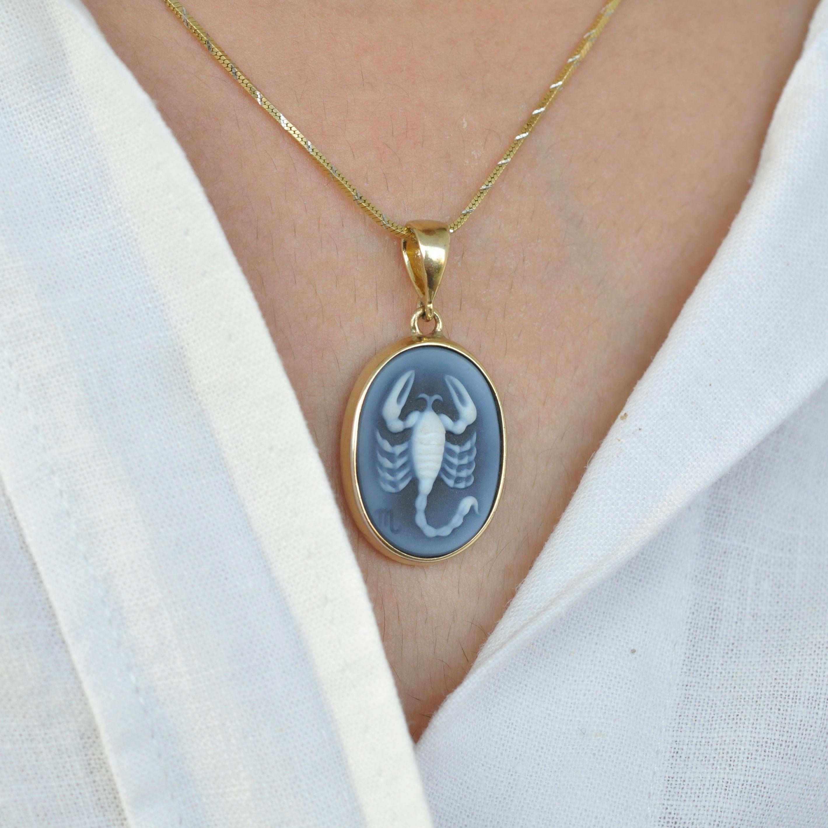 Women's or Men's Hand-Carved Scorpio Zodiac Agate Cameo 925 Sterling Silver Pendant Necklace