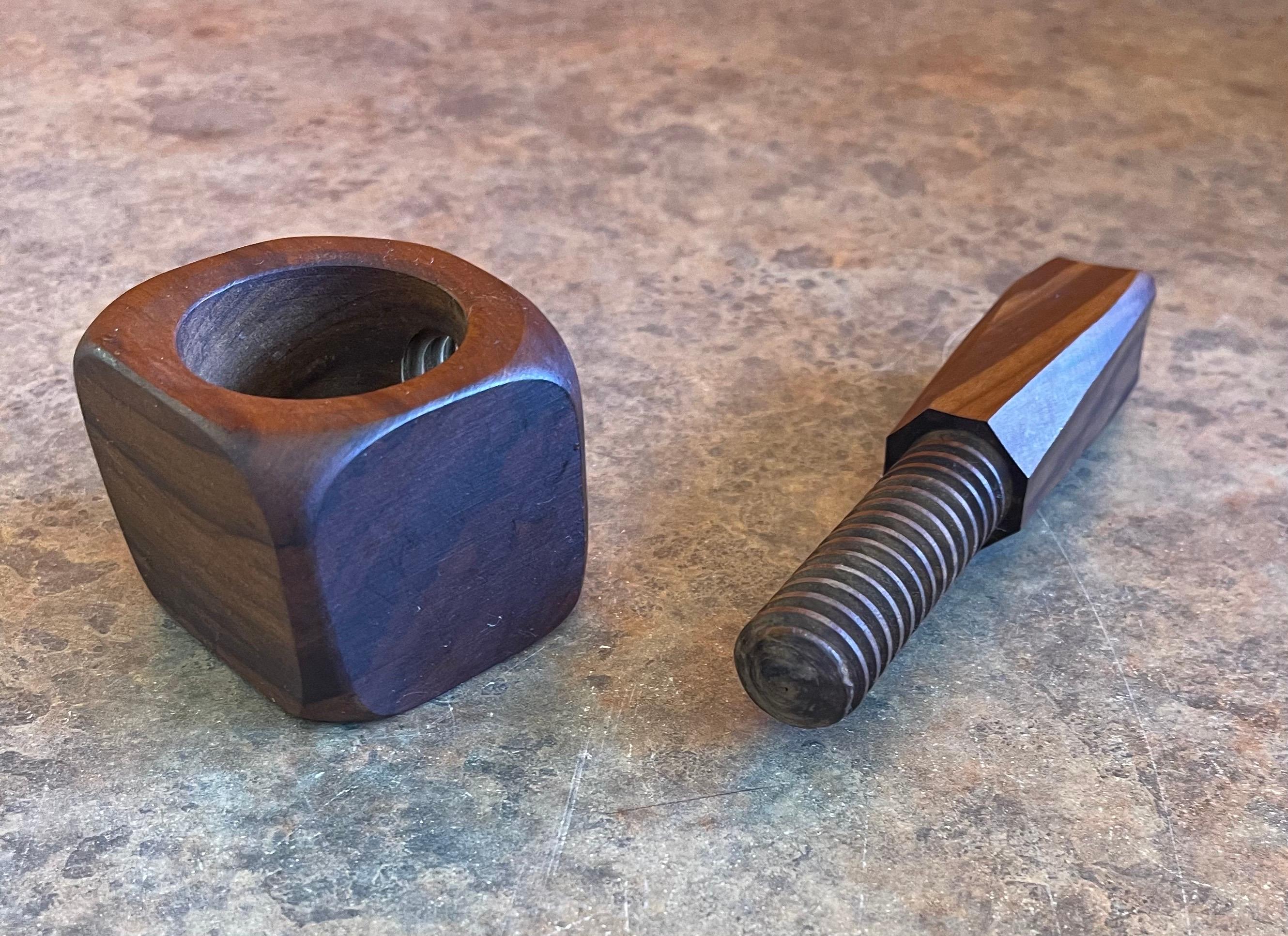 Mid-Century Modern Hand Carved Screw Type Nut Cracker in Walnut For Sale