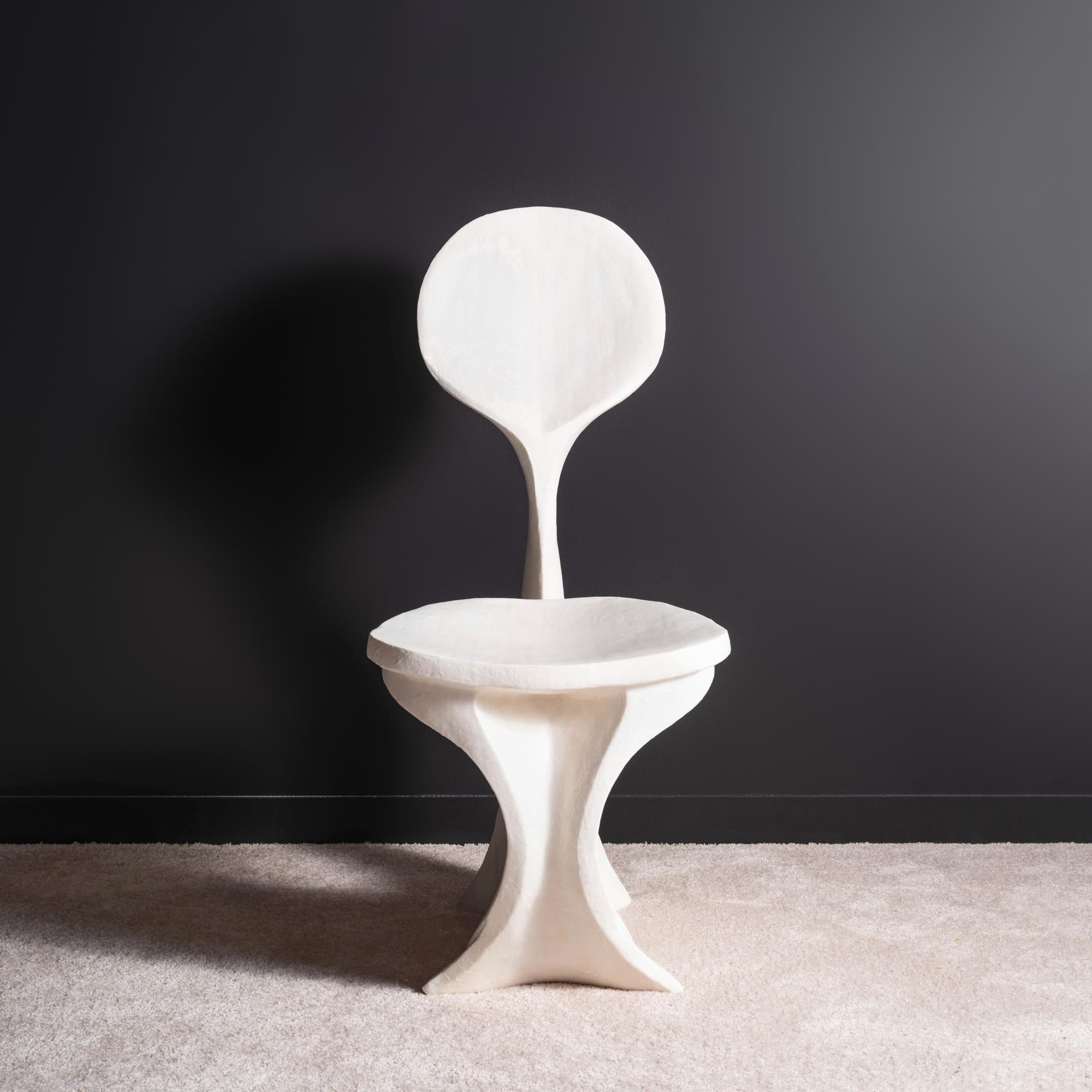 Organic Modern Hand-Carved Sculptural Chair in Laminated White Washi Paper and Milk Paint For Sale