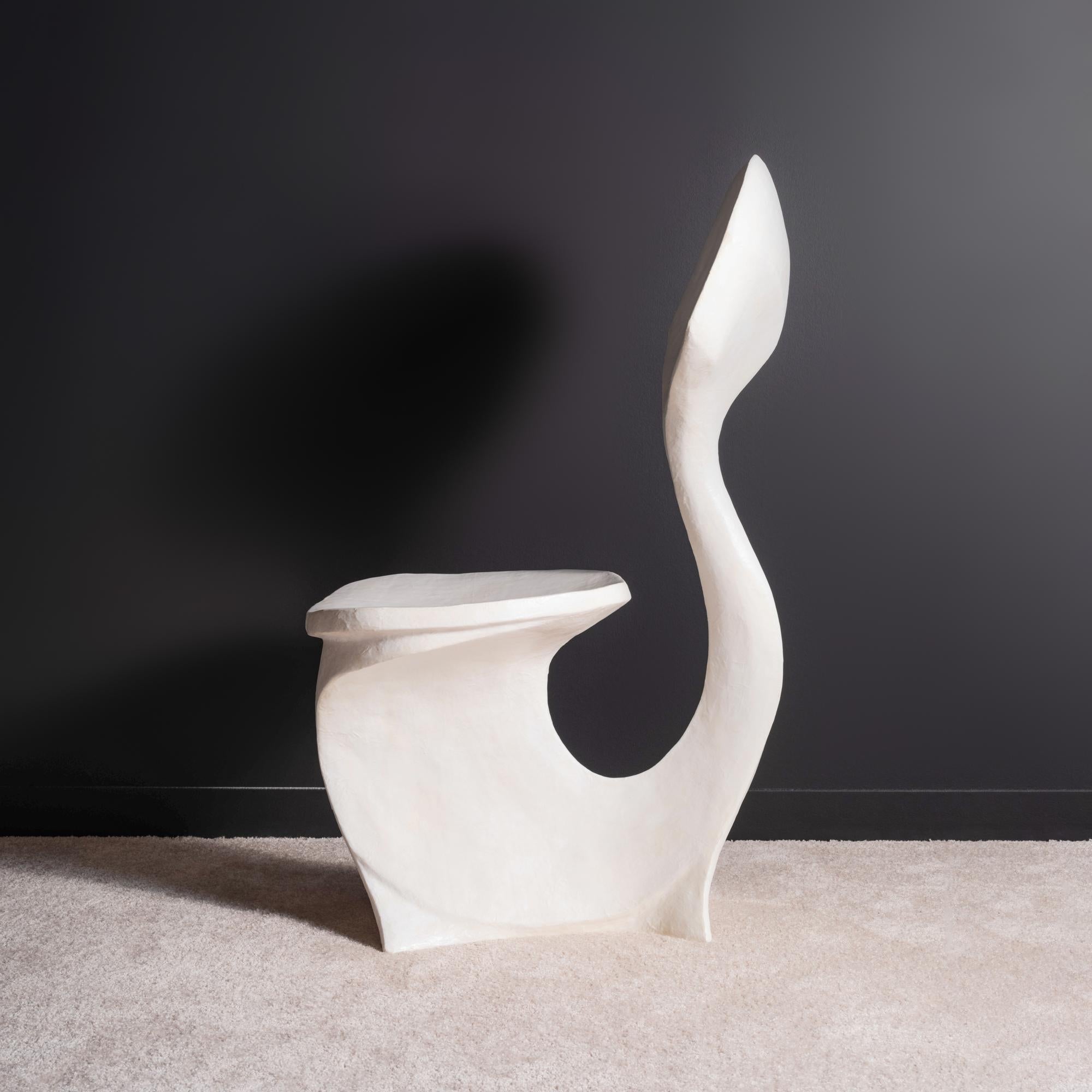 American Hand-Carved Sculptural Chair in Laminated White Washi Paper and Milk Paint For Sale