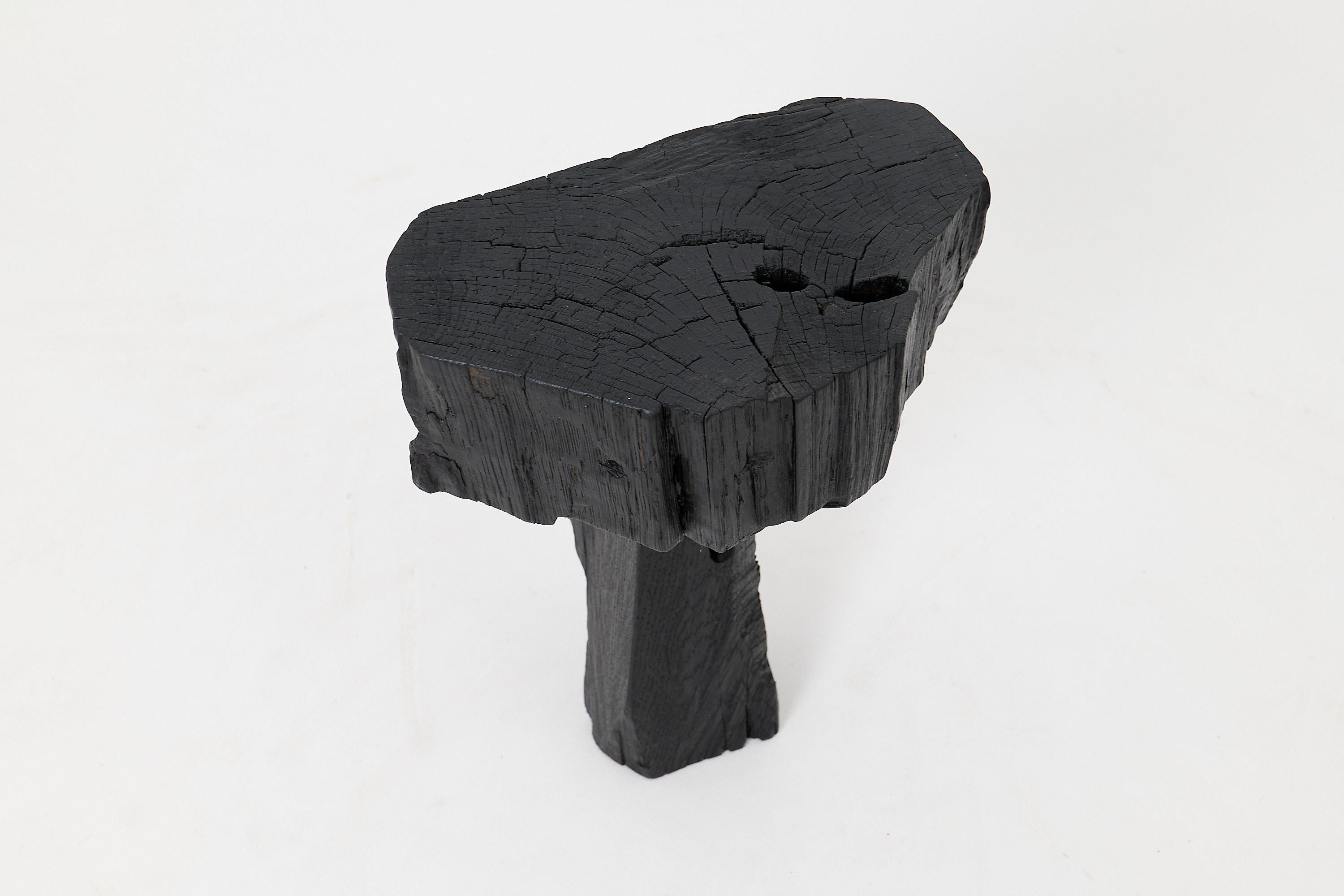 Cette table d'appoint saisissante est une pièce unique, définie par son architecture brute et élémentaire. Il présente une section transversale épaisse et irrégulière d'un rondin de bois dur reposant sur une base verticale robuste, taillée à la