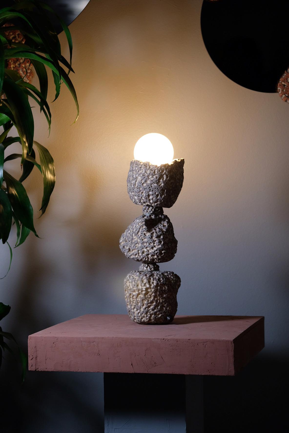 Hand-Carved Hand Carved Sculptural Stoneware Table Lamp by LGS Studio For Sale