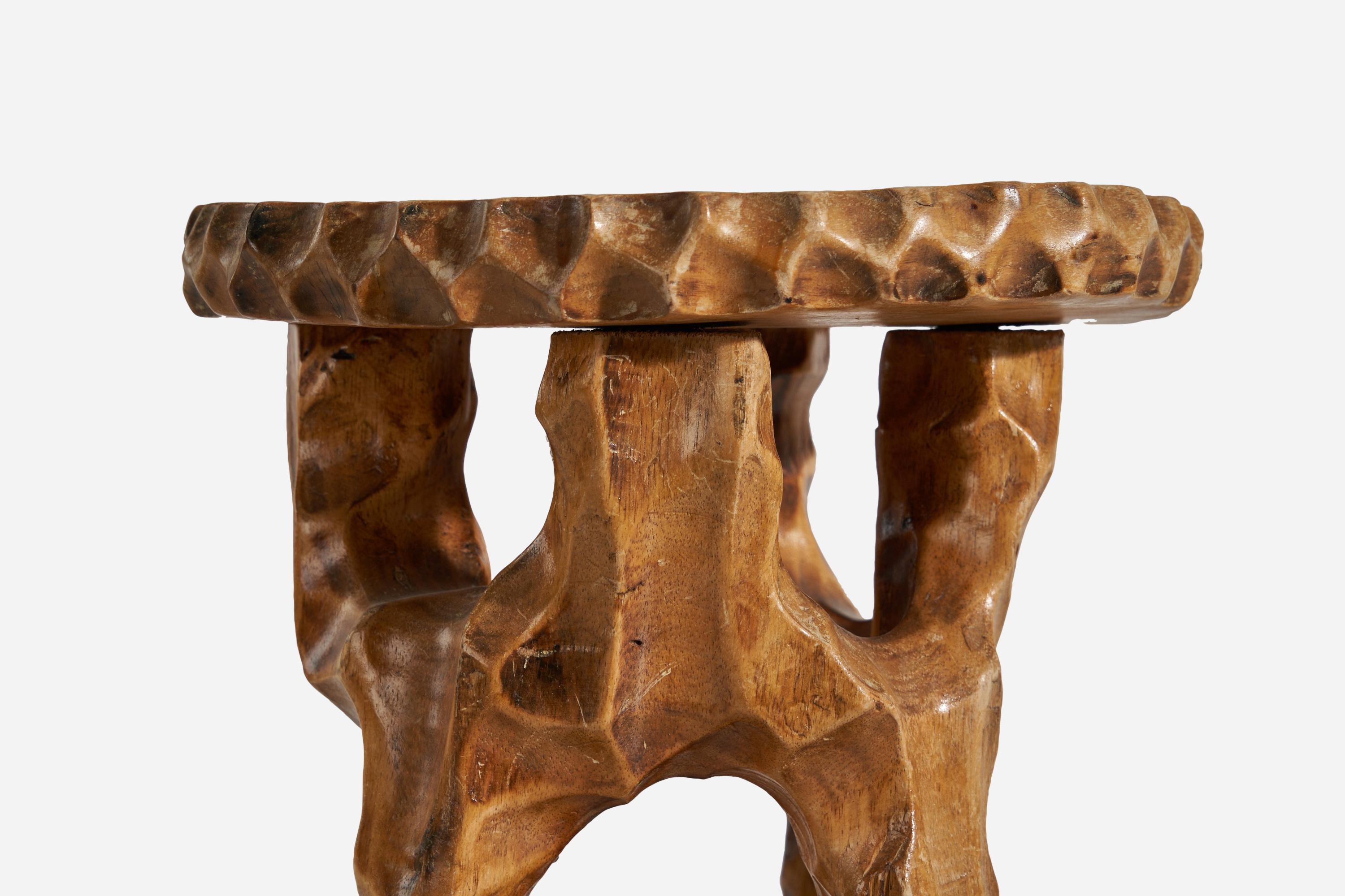 Mid-Century Modern Swedish Designer, Hand Carved Stool, Stained, Lacquered Wood, Sweden, C. 1950s 