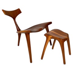 Hand carved Sculpture Whale Lounge Chair and stool in Walnut by Morten Stenbaek