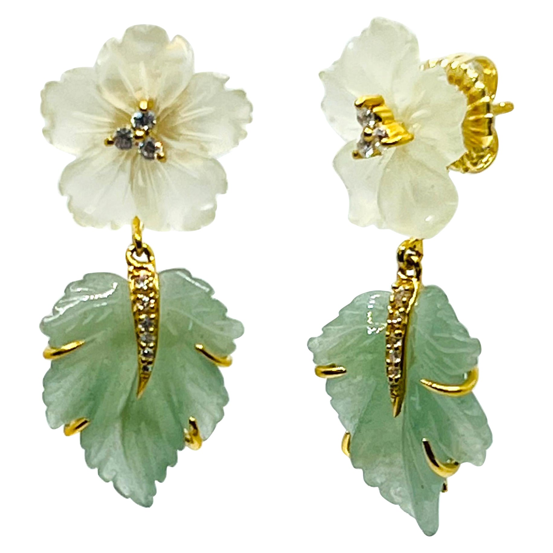 Hand Carved Serpentine Flower and Aventurine Leaf Drop Earrings