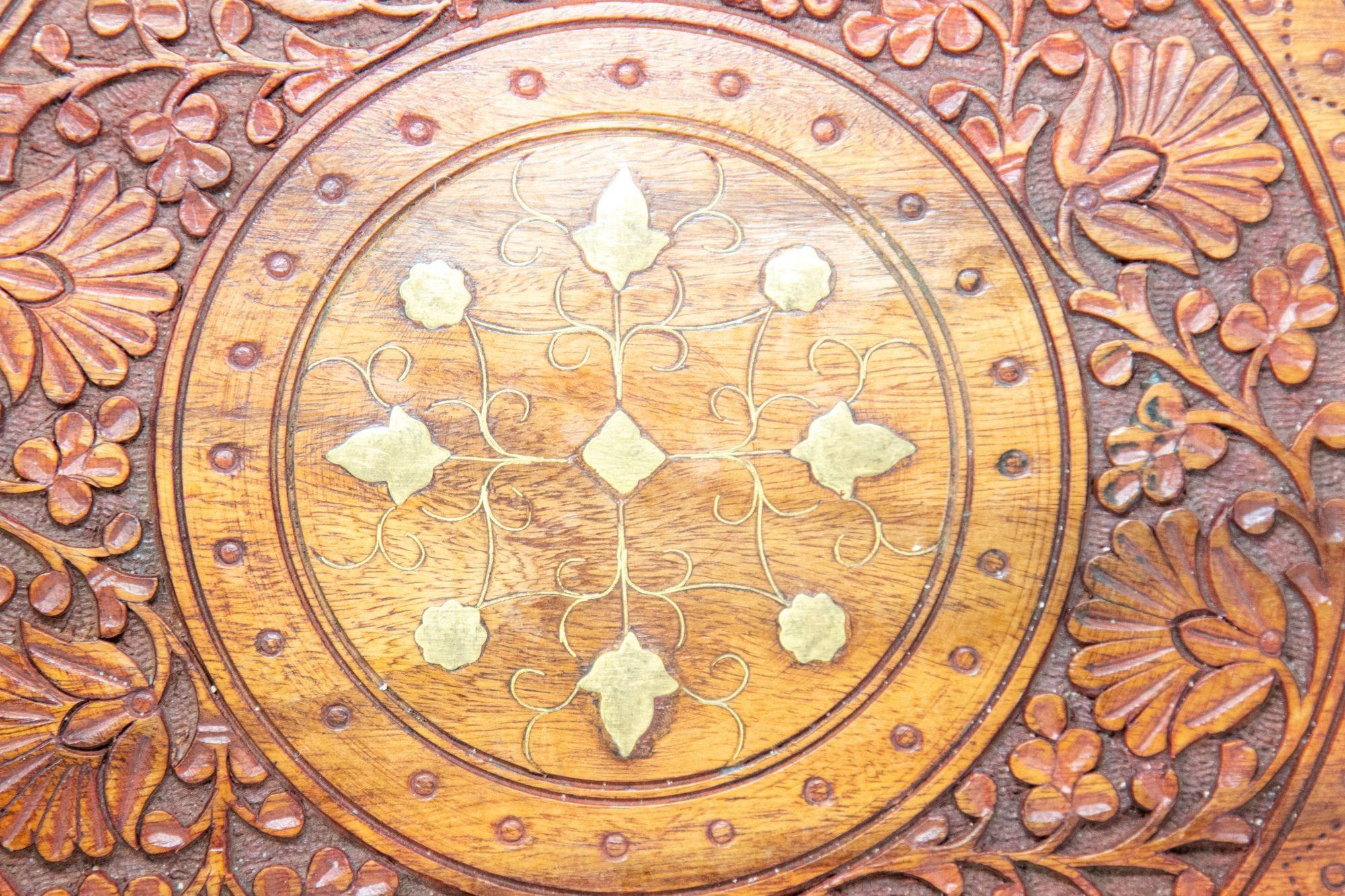 Hand Carved Sheesham Wood Tray with Brass Inlay Anglo Indian Decorative Plate 3