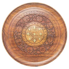 Hand Carved Sheesham Wood Tray with Brass Inlay Anglo Indian Decorative Plate