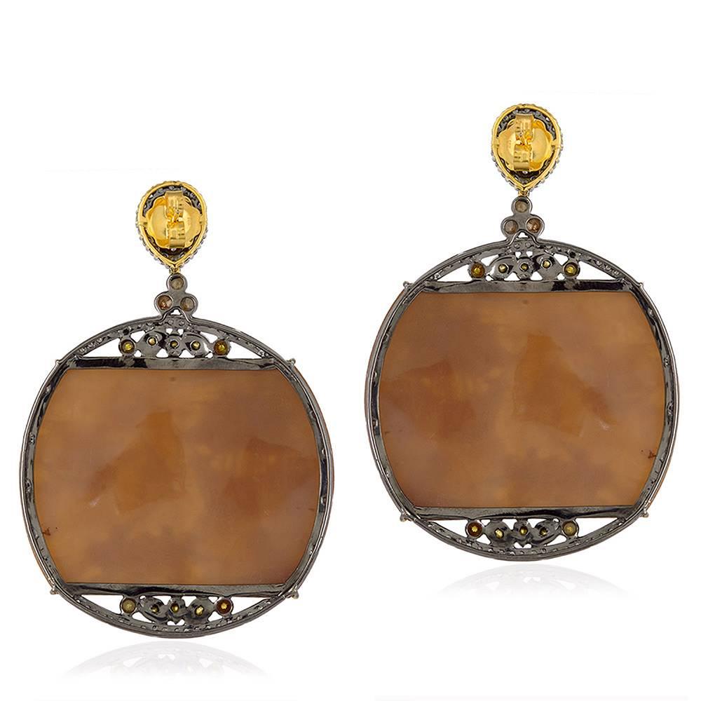 Classical Roman Hand-Carved Shell Cameo Earring with Diamonds