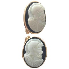 Hand Carved Shell "Knight" Cameo Cufflinks in 14-Karat with Bullet Back Clasp