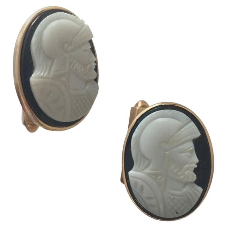 Hand Carved Shell "Knight" Cameo Cufflinks in 14-Karat with Bullet Back Clasp For Sale