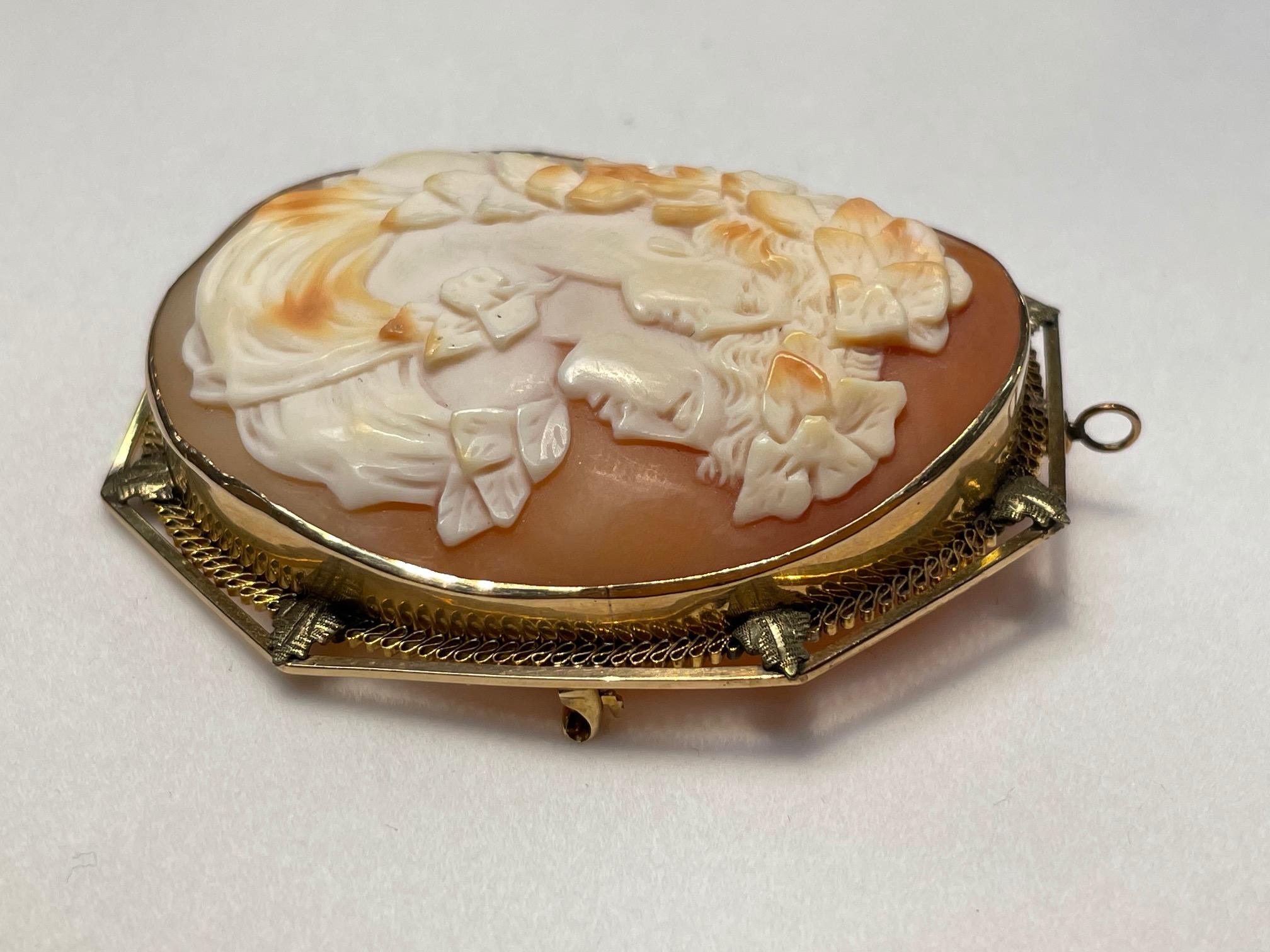 Awesome Antique Cameo Brooch Pendant depicting 2 Beautiful Young Ladies. Beautifully Hand Carved in High Relief Estate piece; Meticulously artisan engraved with exquisite detail, this natural carnelian shell cameo, securely set in a Hand crafted 14K