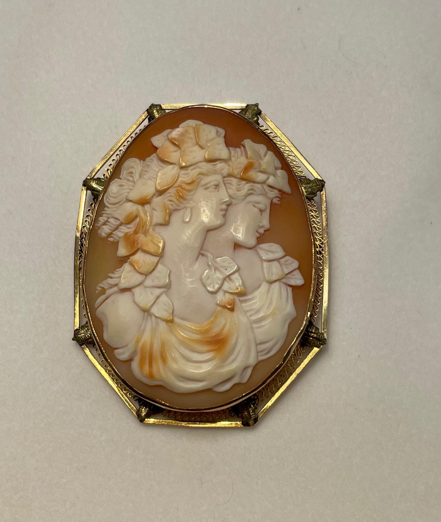 Hand Carved Shell Portrait Cameo Yellow Gold Pin Pendant Estate Fine Jewelry 1