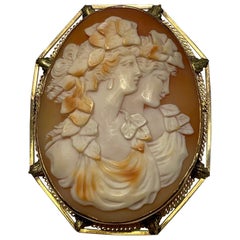 Hand Carved Shell Portrait Cameo Yellow Gold Pin Pendant Estate Fine Jewelry