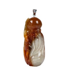 Hand Carved Shou Wong Longevity God Natural Brown & White Jadeite Pendant