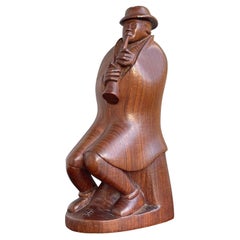 Hand Carved & Signed Arts & Crafts Era Street Musician Flute Playing Sculpture