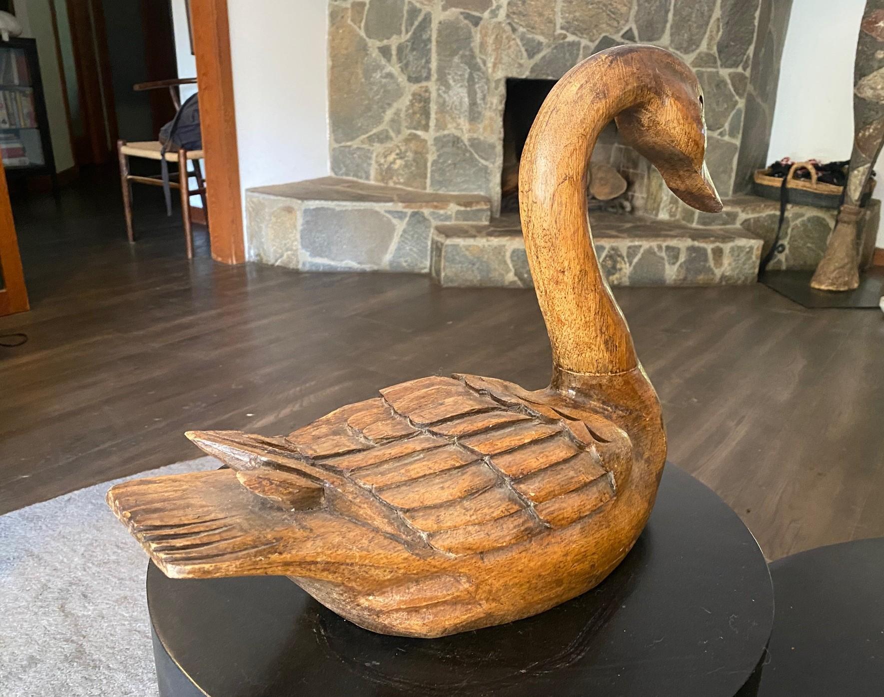 Hand Carved Signed Large Vintage Antique Wood Swan Decoy Sculpture, 1929 For Sale 4