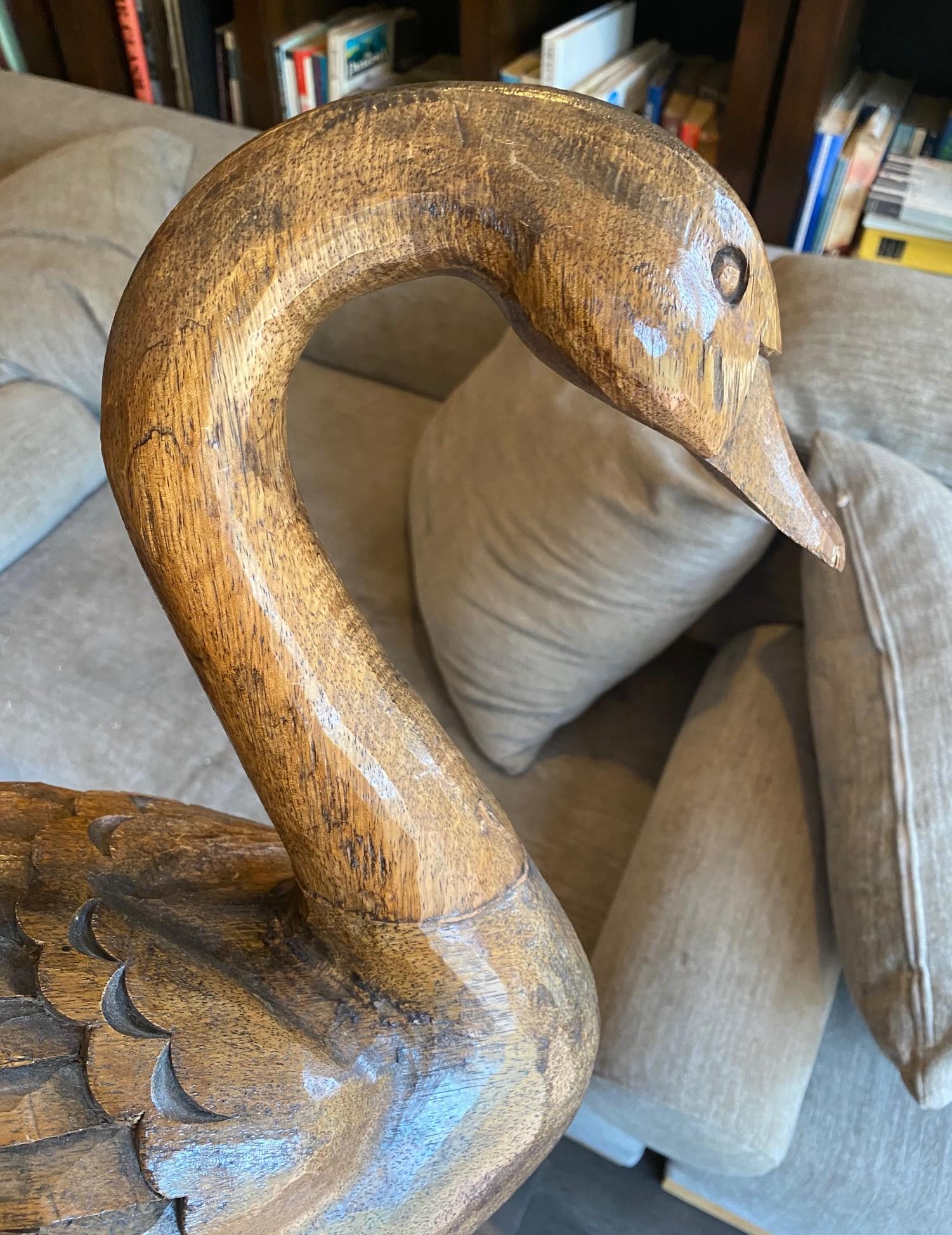 Hand Carved Signed Large Vintage Antique Wood Swan Decoy Sculpture, 1929 For Sale 9