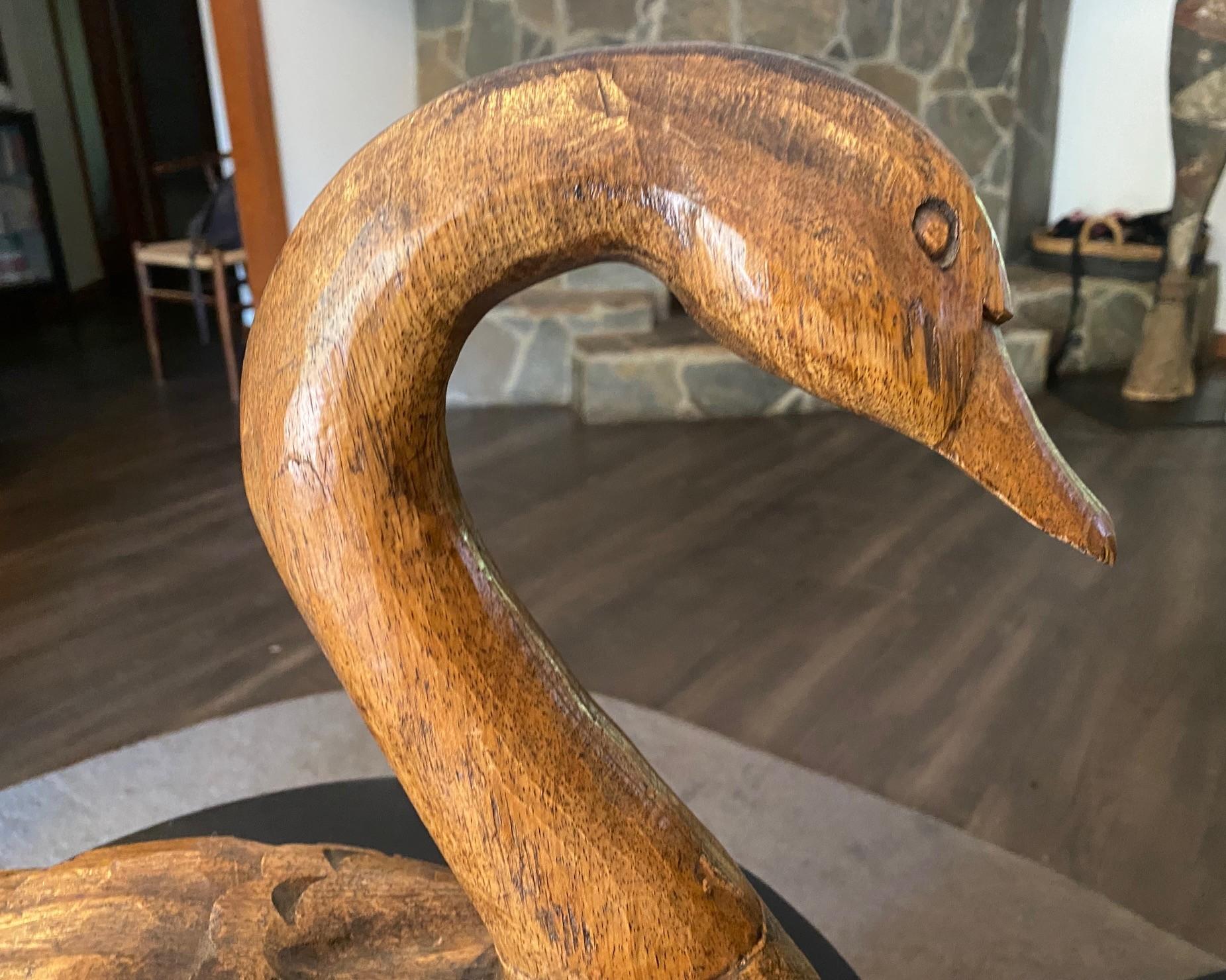 Folk Art Hand Carved Signed Large Vintage Antique Wood Swan Decoy Sculpture, 1929 For Sale