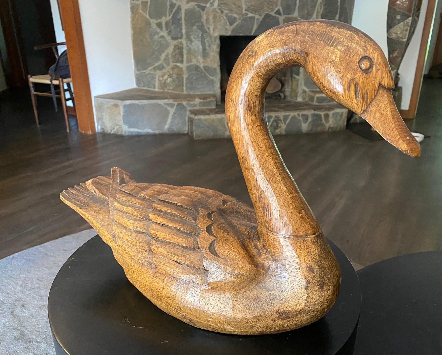Hand-Carved Hand Carved Signed Large Vintage Antique Wood Swan Decoy Sculpture, 1929 For Sale
