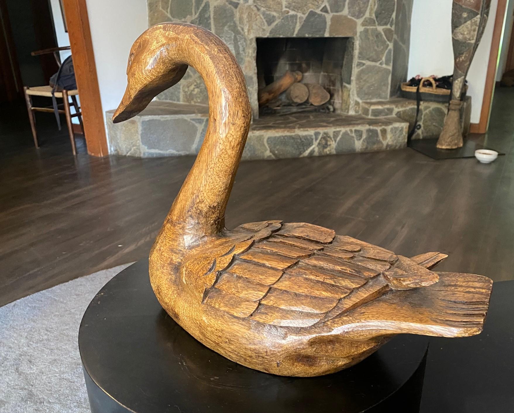 Hand Carved Signed Large Vintage Antique Wood Swan Decoy Sculpture, 1929 In Good Condition For Sale In Studio City, CA