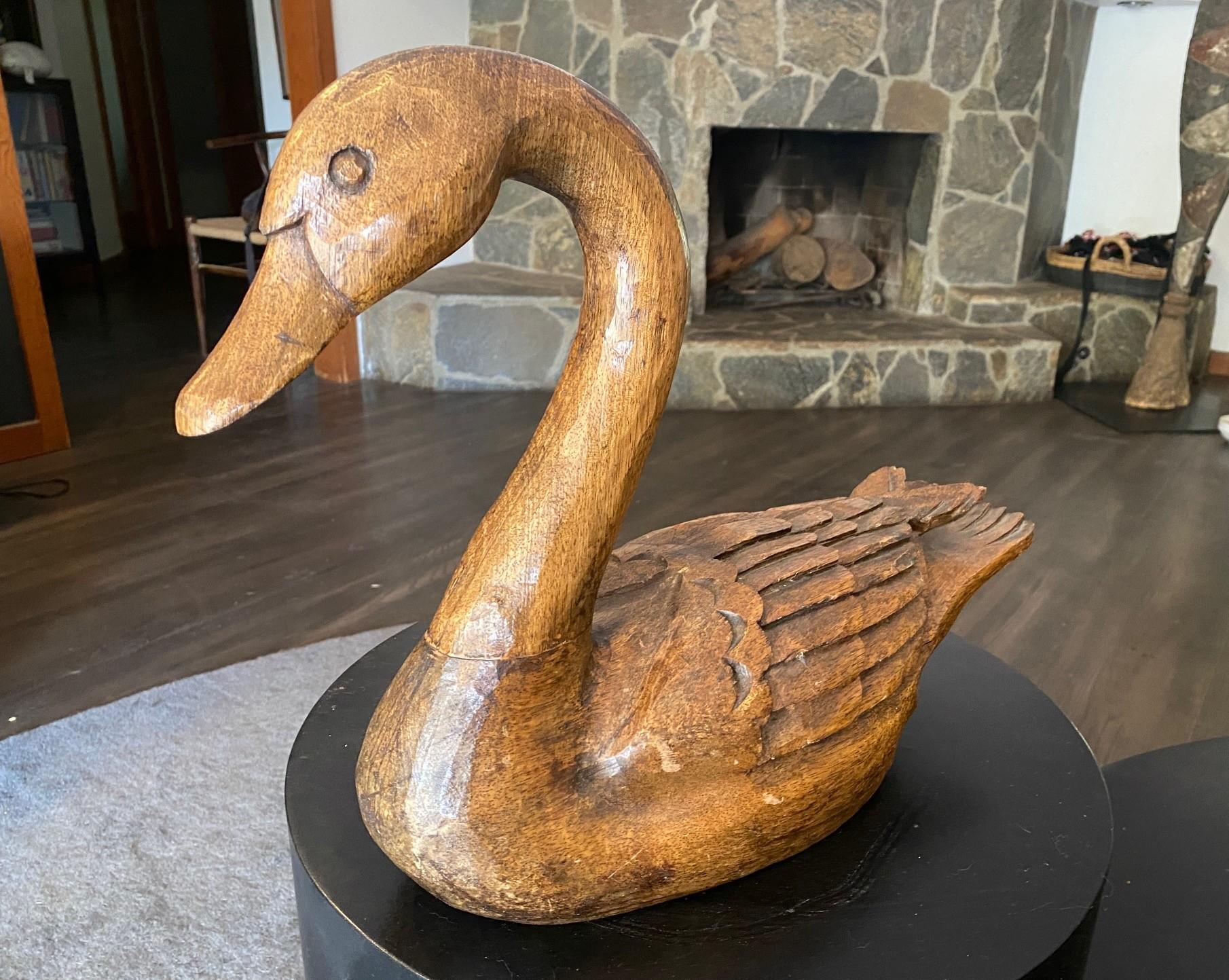 Hand Carved Signed Large Vintage Antique Wood Swan Decoy Sculpture, 1929 For Sale 2
