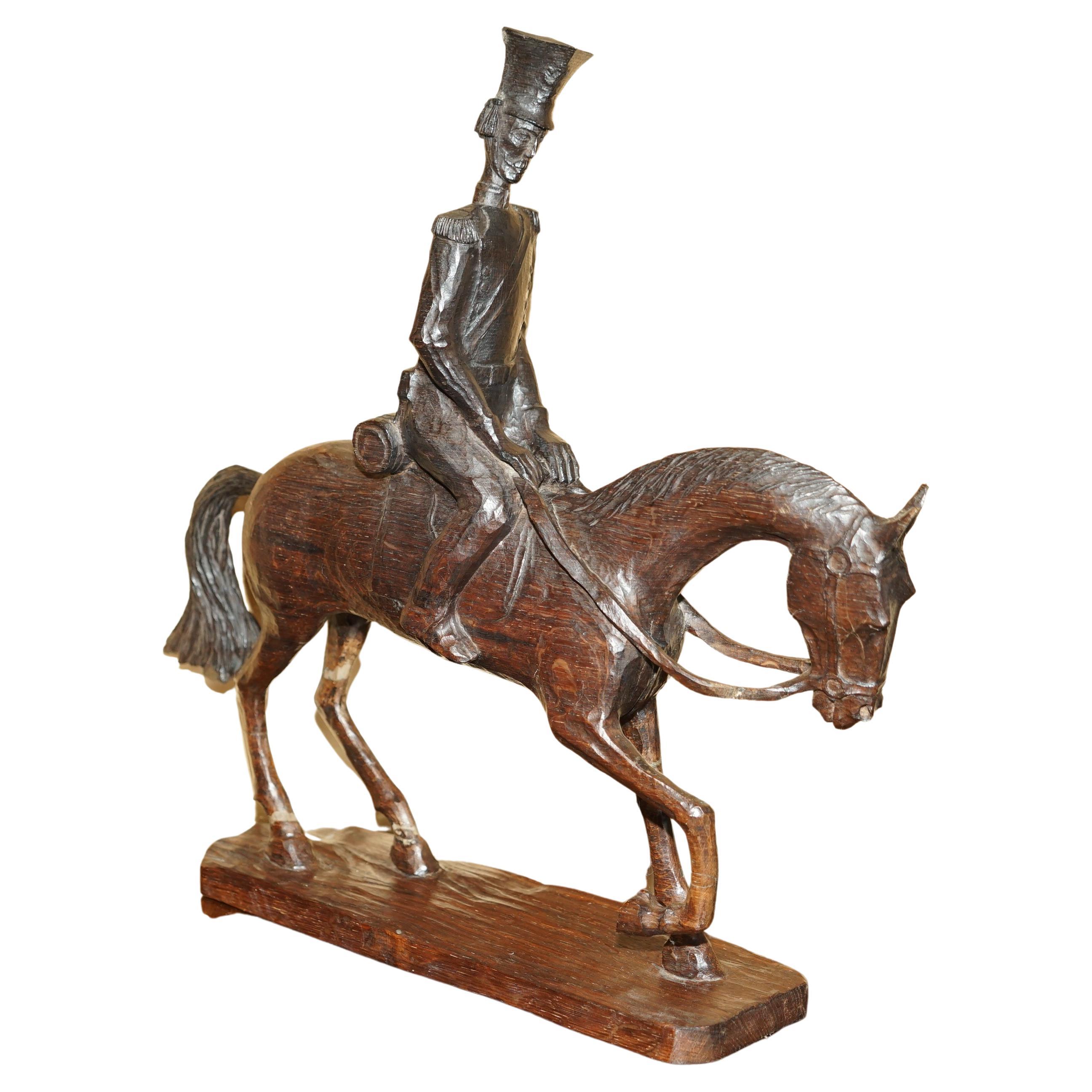 HAND CARVED SIGNED WAKMASKI 80 LARGE WOOD STATUE OF SOLDIER ON A HORSE VERY FiNE For Sale