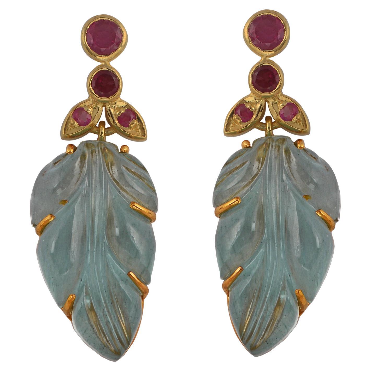 Hand-Carved Silver Gold Plated Aquamarine Ruby Earrings For Sale