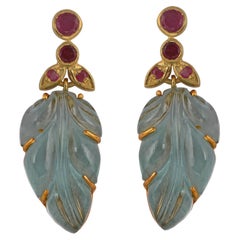 Used Hand-Carved Silver Gold Plated Aquamarine Ruby Earrings