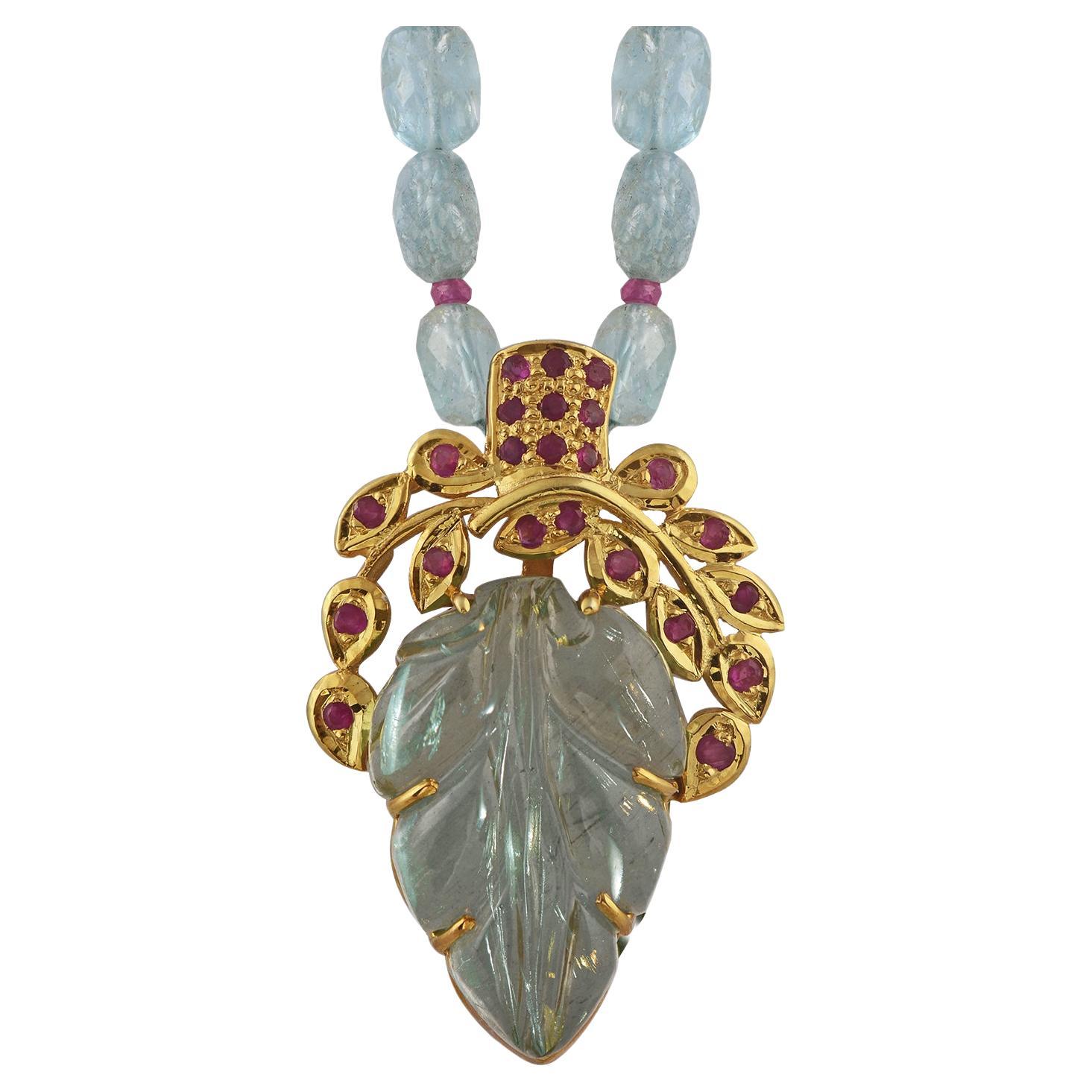 Hand-Carved Silver Gold Plated Aquamarine Ruby Pendant For Sale