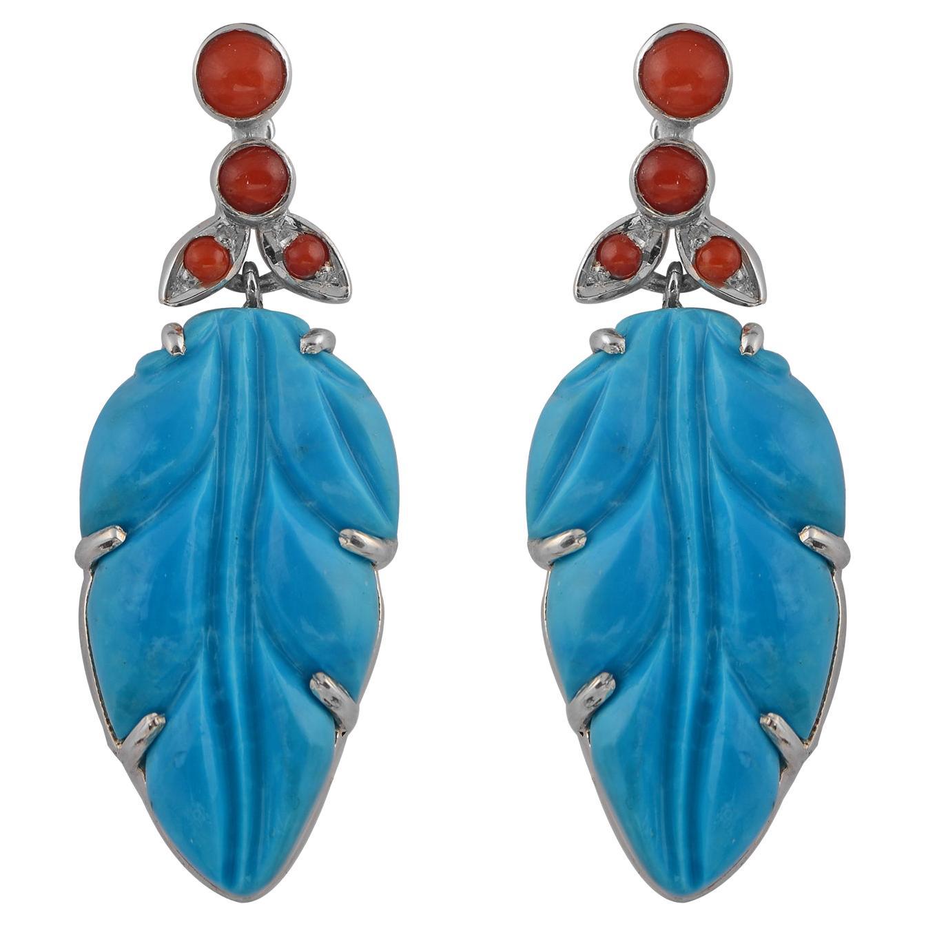 Hand-Carved Silver Turquoise Coral Earrings For Sale