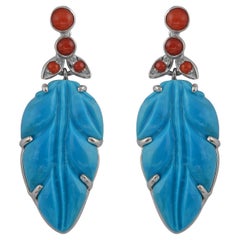 Boucles d'oreilles en argent, turquoise et corail, sculptées à la main