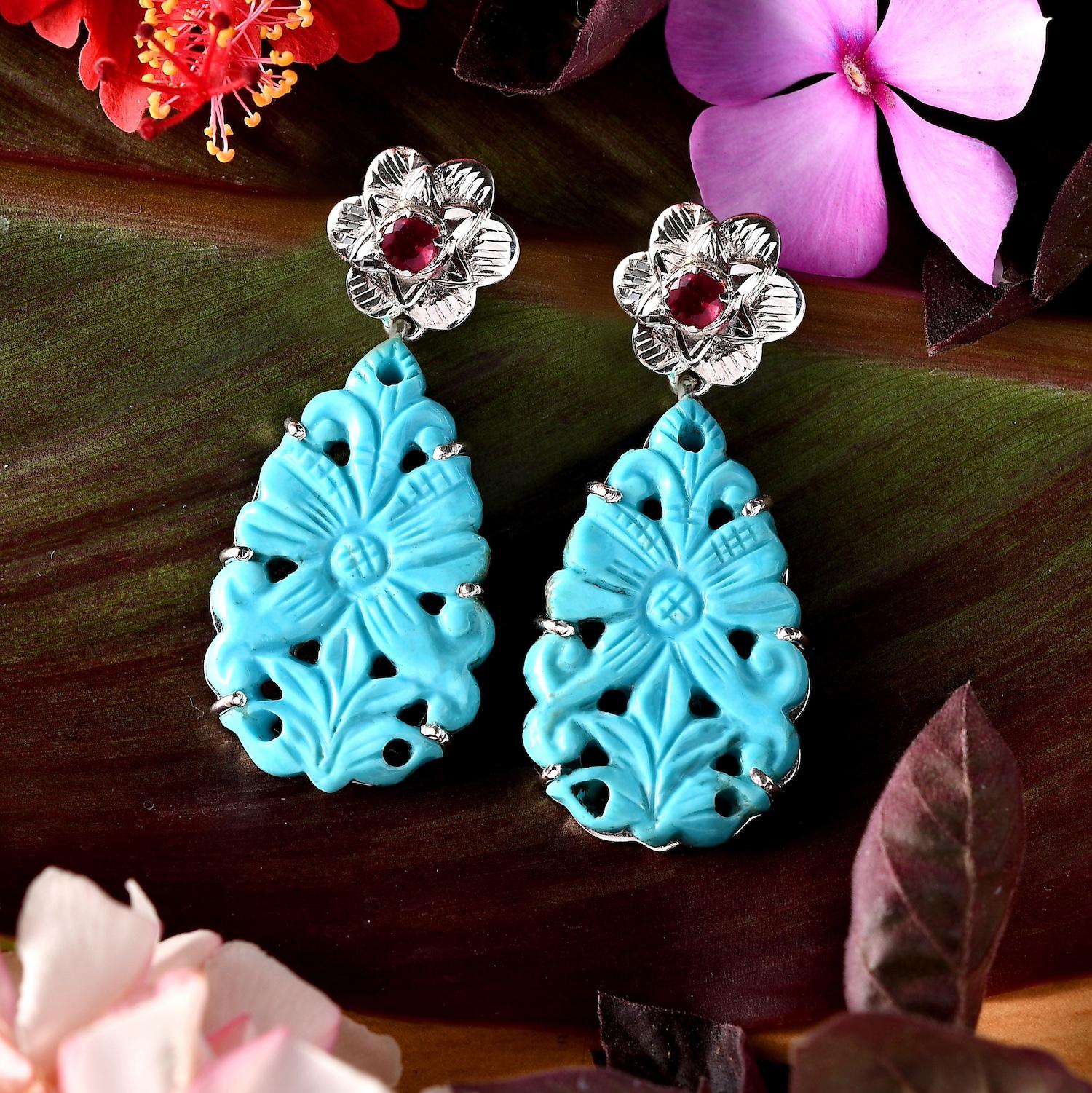 Artisan Hand-Carved Silver Turquoise Ruby Statement Earrings For Sale